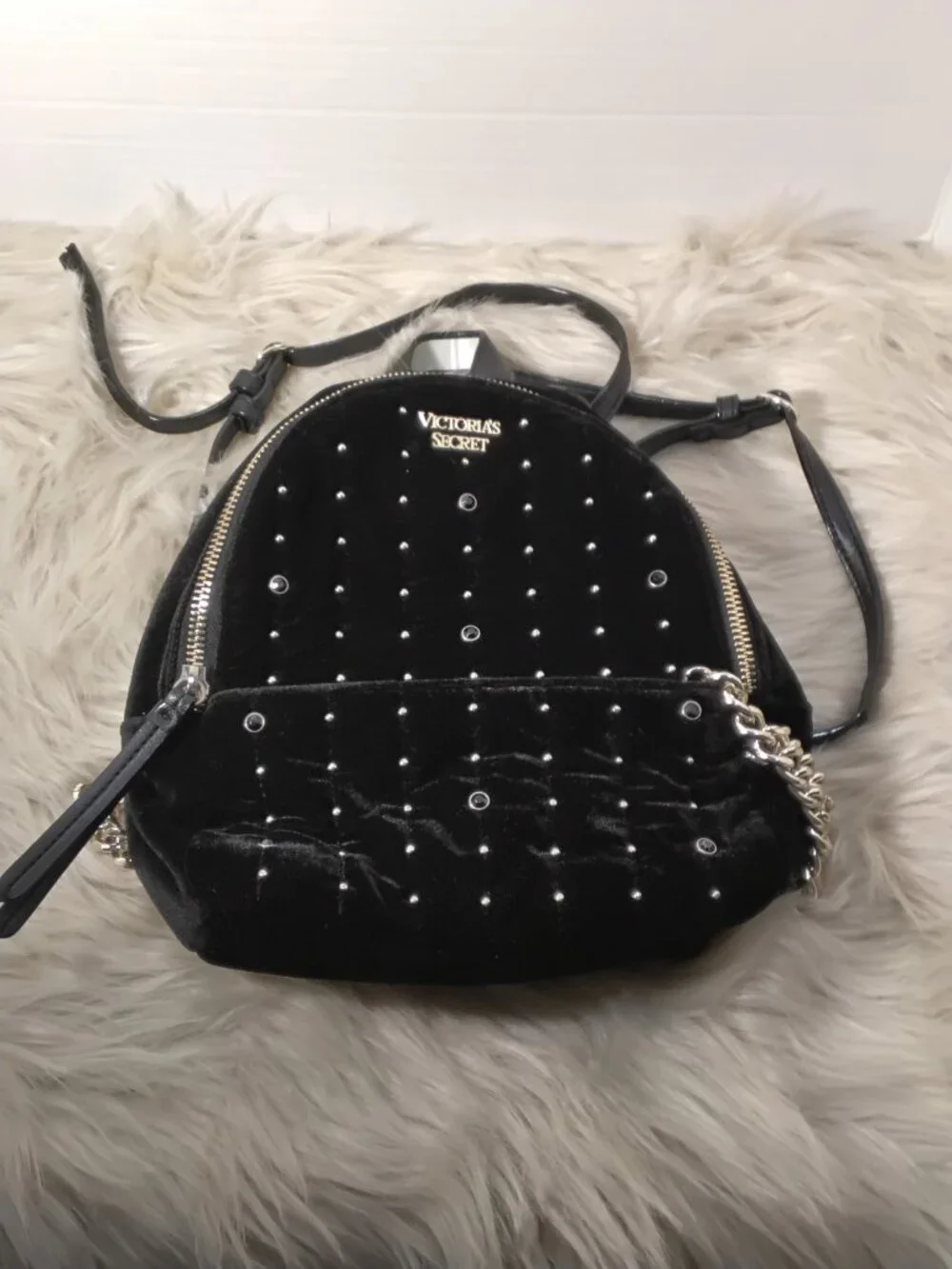 Victoria's Secret Black Velvet Mini Back Pack Gold Accents Adjustable Straps